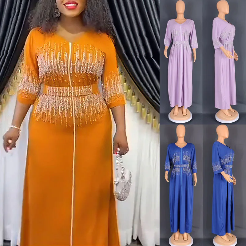 

Elegant African Dresses for Women Beads Diamond Evening Party Gown Ankara Dashiki Muslim Dress Kaftan Abaya Ramadan Eid Vestidos