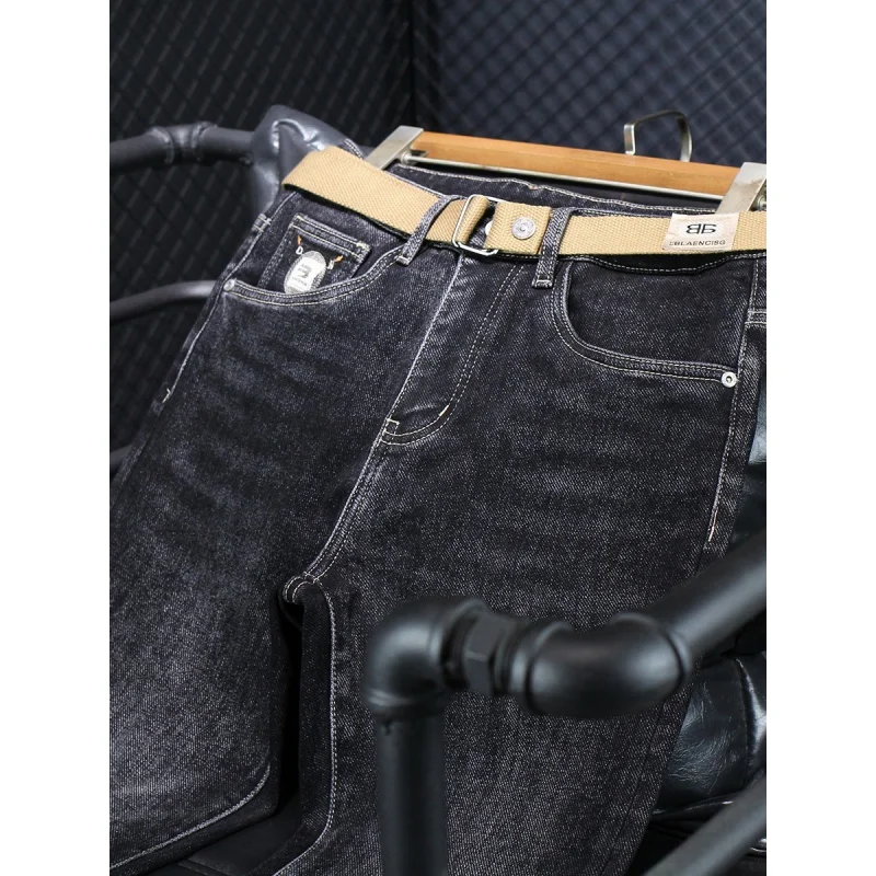 Winter Fleece-Lined Black Jeans Men's Slim Fit Skinny Casual Embroidered High-End Thick Soft Cold-Proof Warm Pants