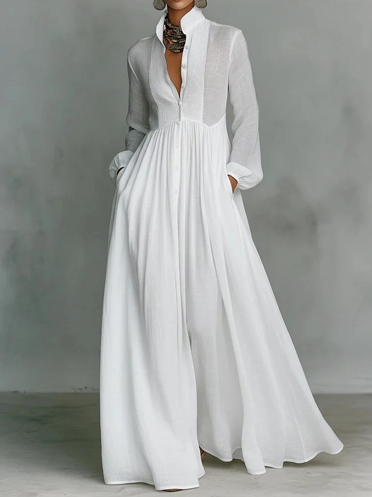 

New Buttons Spring Summer Simple Maxi Dress, Women Holiday Long Sleeve Fashion Party Dress, 2026 Stand Collar Elegant Lady Dress