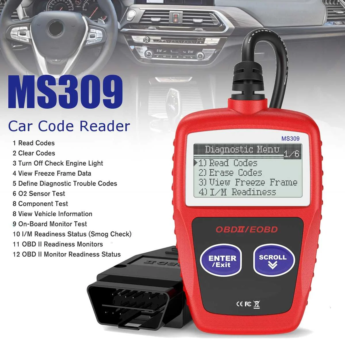 MS309 Multi-Language Automotive Engine Error Code ReaderCheck Engine Light and Emissions Monitoring StatusOBD2 CAN Scan Tool