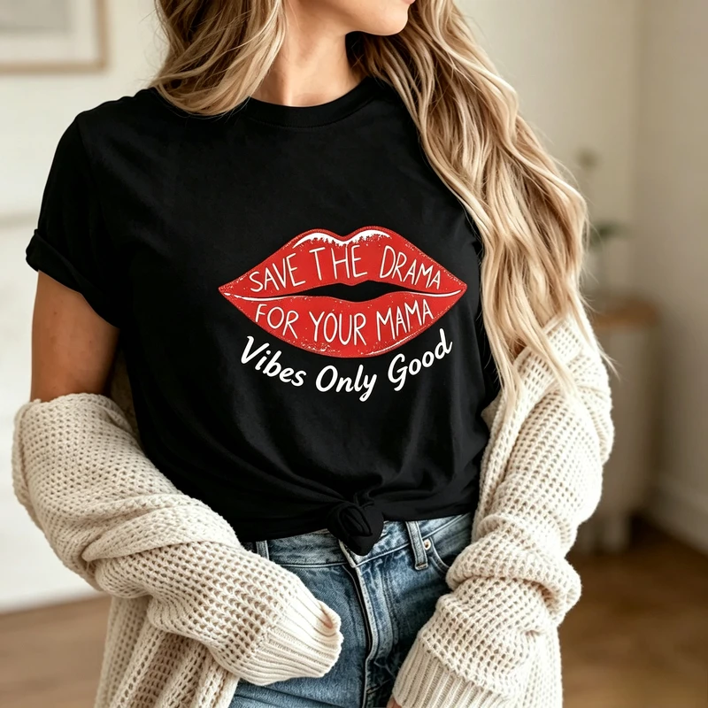 Fashion Women Positive Quote Graphic T Shirt Save The Drama Red Lips Design Casual Short Sleeve Cotton Tee Gift Streetwear