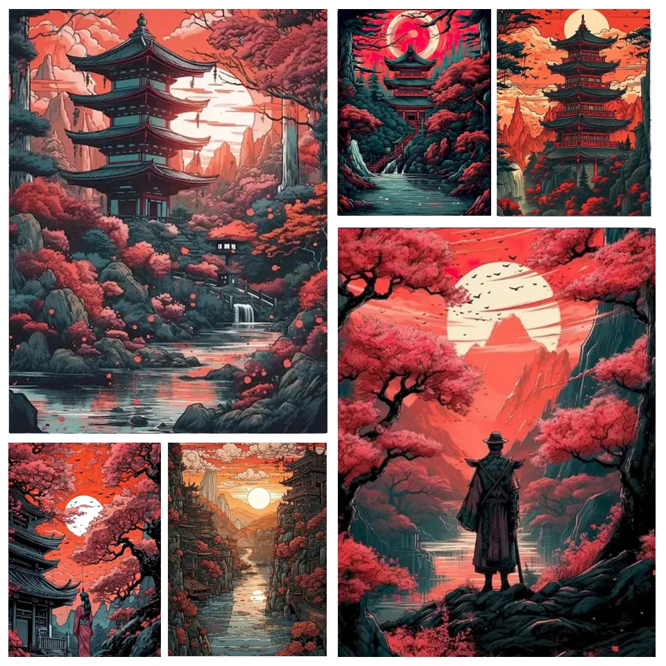 5D Diy Diamond Painting Autumn Japan Fuji Temple Landscape Full Square Round Drill Embroidery Diamond Mosaic Home Decor V590