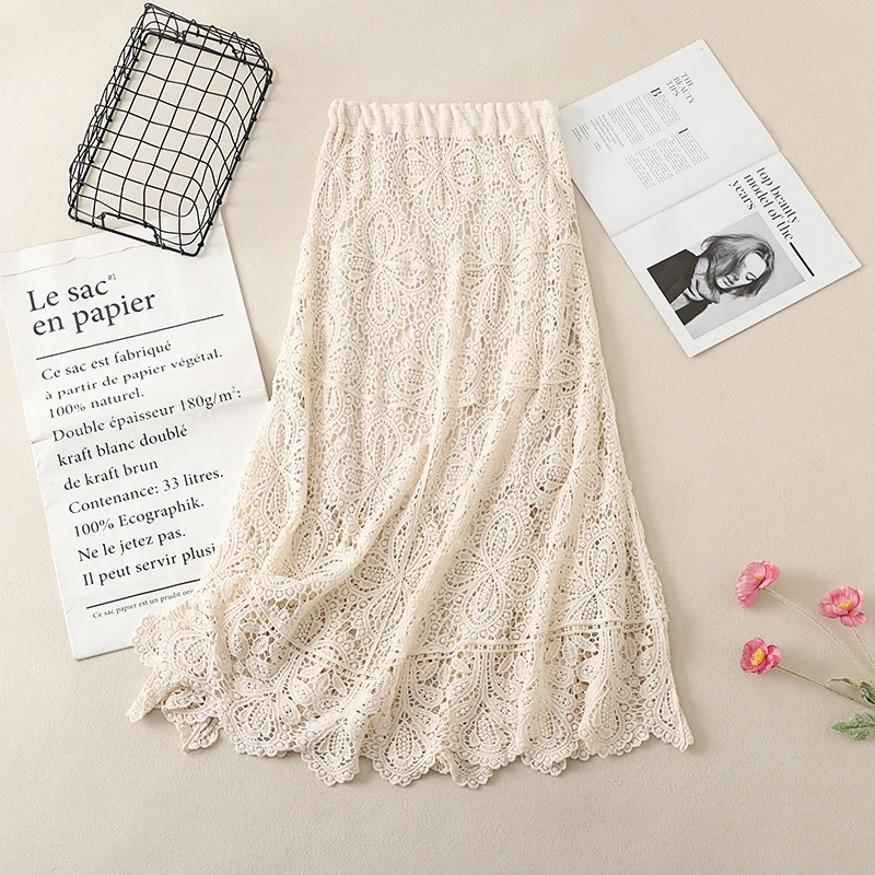 Bohemian Style Lace Knitted High Waist A-Line Skirt Hollow out Design Casual Cotton Midi Skirt for Women Spring Summer