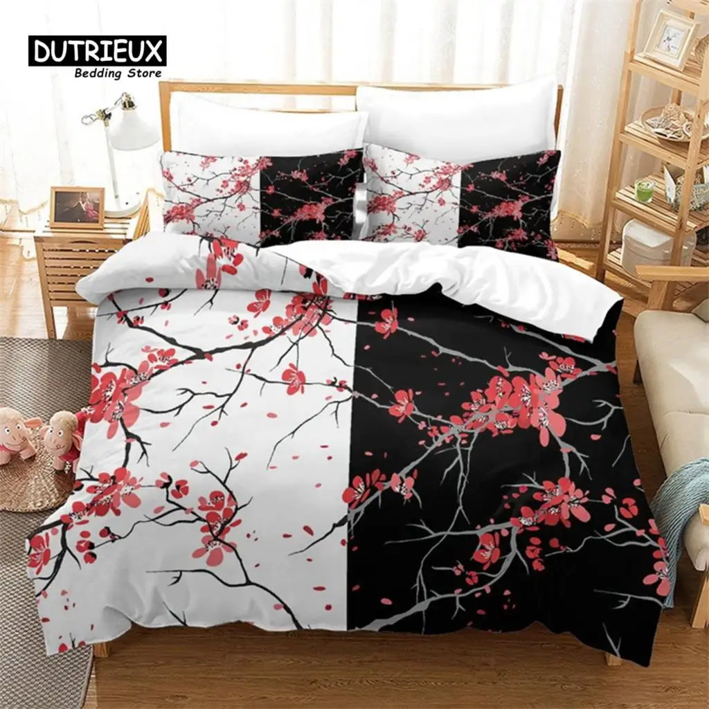 Cherry Blossoms Duvet Cover Set Japanese Floral Bedding Set Microfiber Romantic Theme Quilt Cover Twin King For Valentine's Day