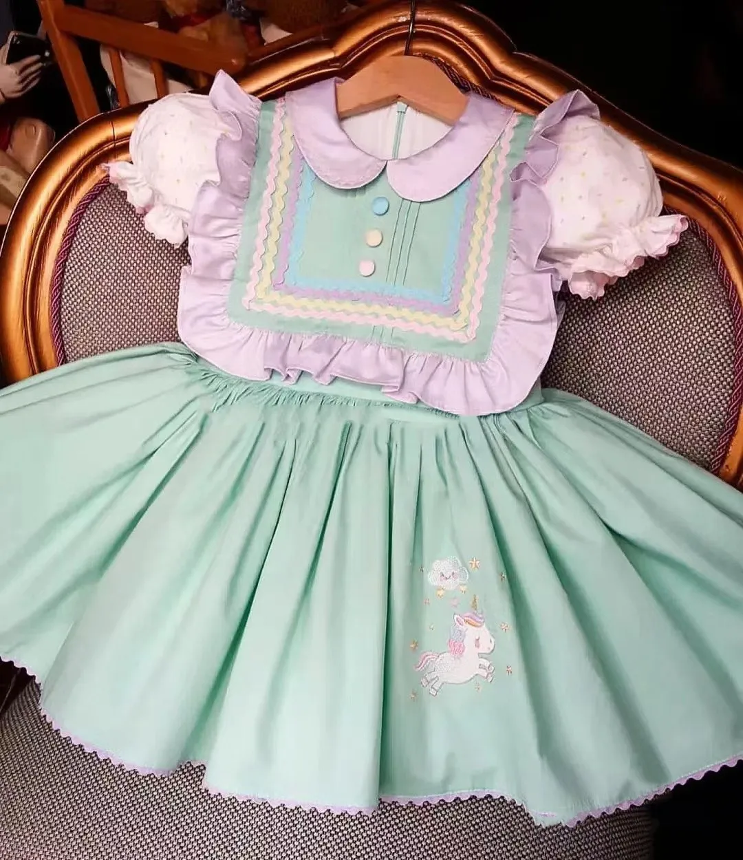 0-12Y Baby Girl Summer Light Green Unicorn Embroidery Turkish Vintage Lolita Princess Dress for Birthday Holiday Casual Eid