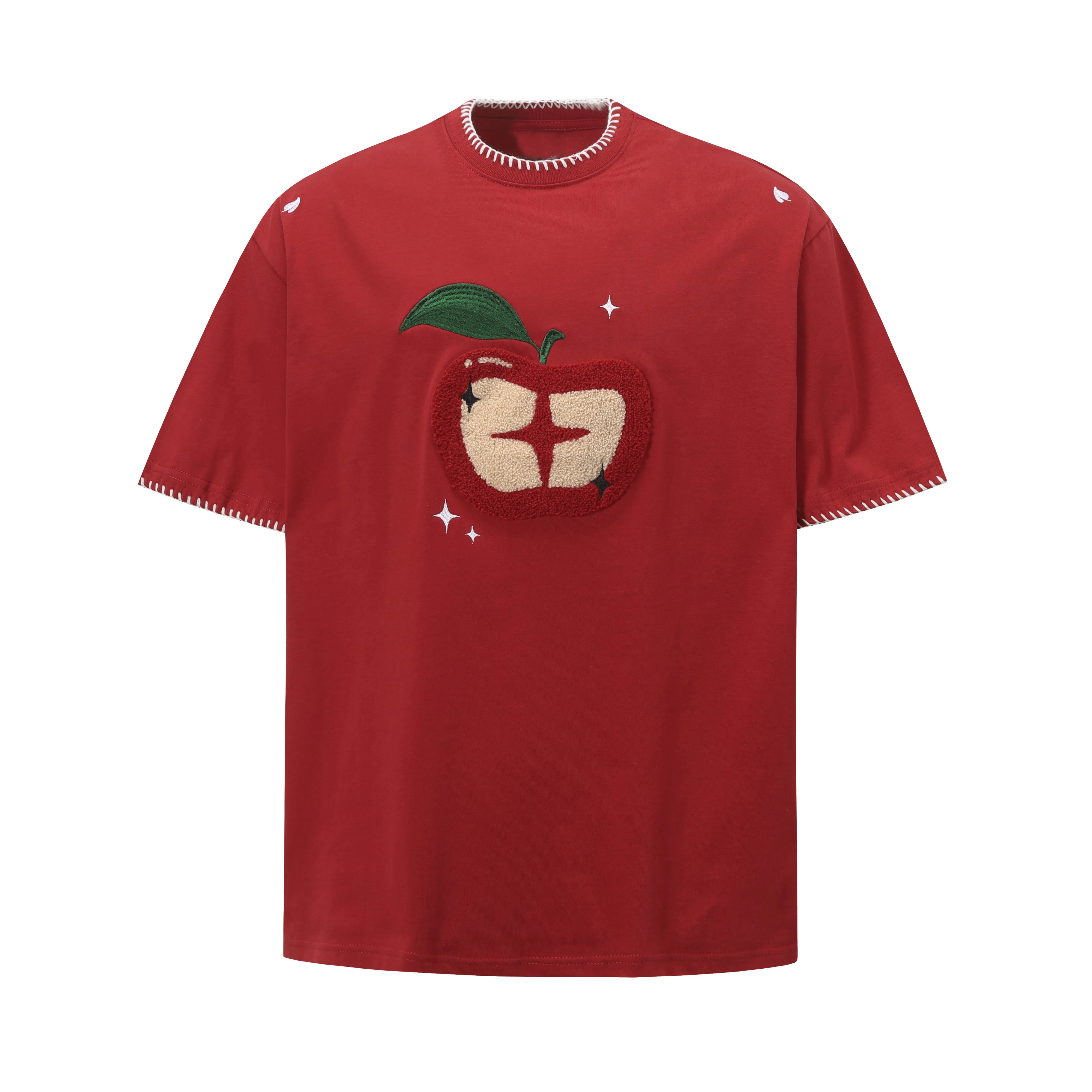 

XHHSUZ American Retro Towel Embroidery Short Sleeve T-Shirt Loose Fit Unisex Breathable Cotton round Neck Top
