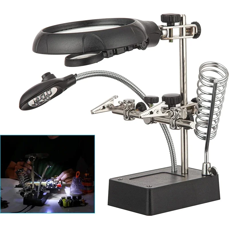 3 Hand Soldering Iron Stand Welding Tool With Magnifying Glass Illuminated LED Alligator Clip Holder Clamp Helping Repair