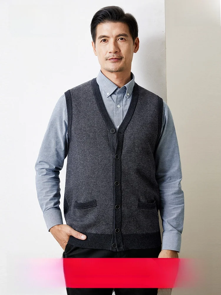 Hengyuanxiang Men's Pure Wool Sweater Vest Thickened Winter Fashion City Style V-Neck Button-Up Geometry Pattern Mid-Age Dad ...