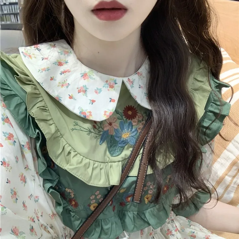 Mori Girl Style Vintage Floral Embroidery Women Dress Summer Sweet Cute College Aesthetic Ruffled Doll Collar A-Line Long Dress