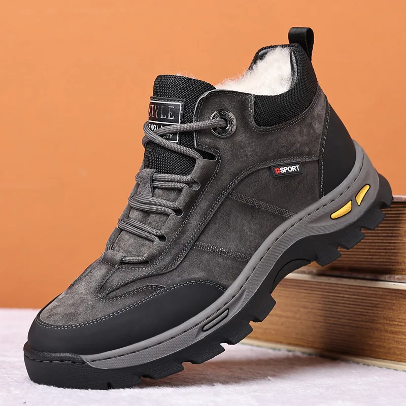 High top casual cotton leather shoes for men  cotton shoes with plush insulation and thickened outdoor men's shoes