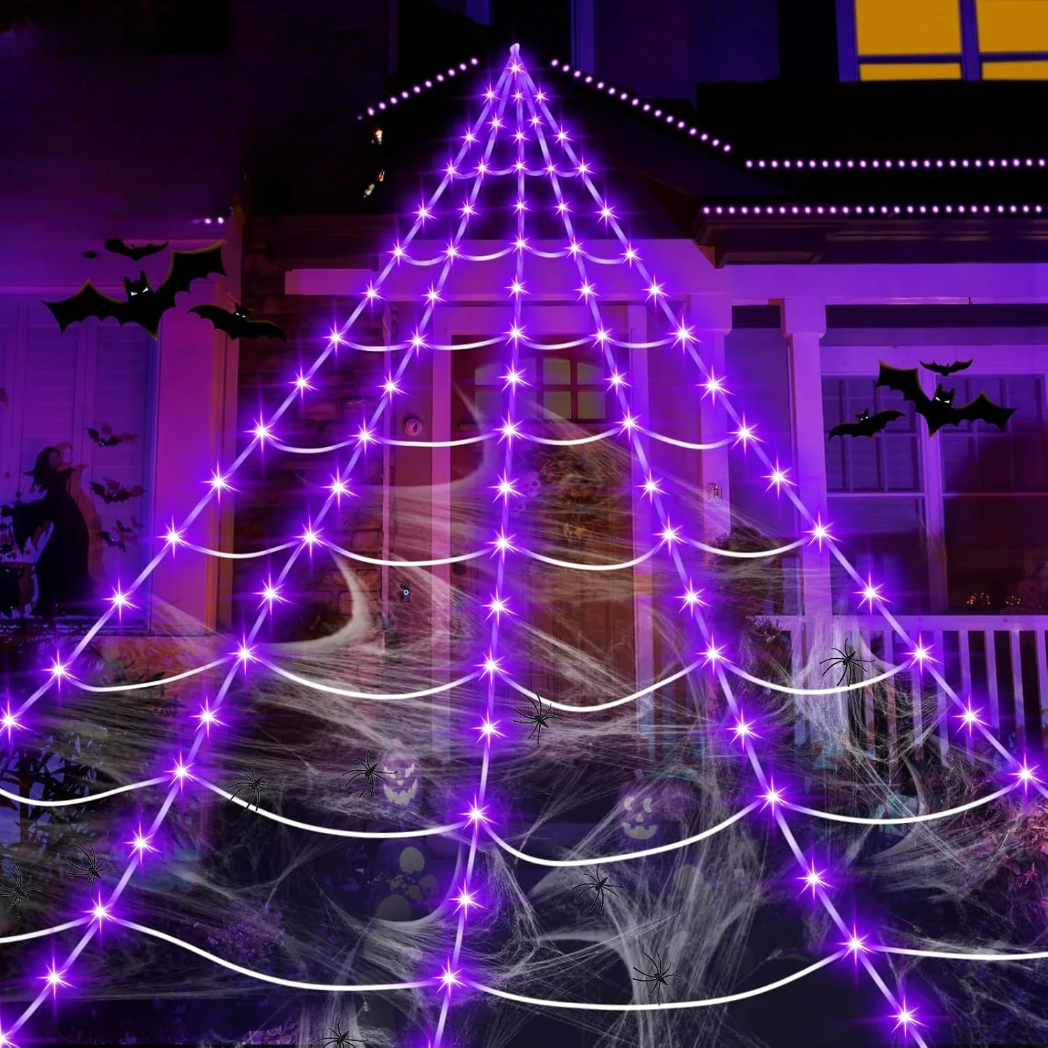 

Purple Lights, Lighted Triangular Black Spider Web with Sturdy Wire, Waterproof, Timer, 8 Modes for Yard Halloween Décor