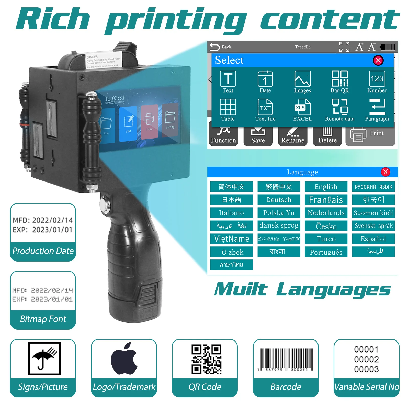 Imagem -02 - Handheld Inkjet Printer Gun Fast-drying Ink Label Printer qr Barcode Número do Lote Data do Logotipo 50 mm 2