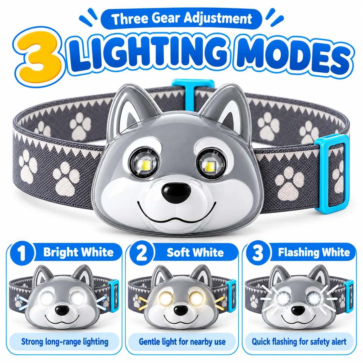 Cute Pet-Shaped USB Rechargeable Headlamp, Compact and Adorable Appearance, Built-In 600Mah Lithium Battery, USB Charging; Comes with an Adjustable Paw-Print Ribbon Headband, Multiple Lighting Modes, Lightweight and Do