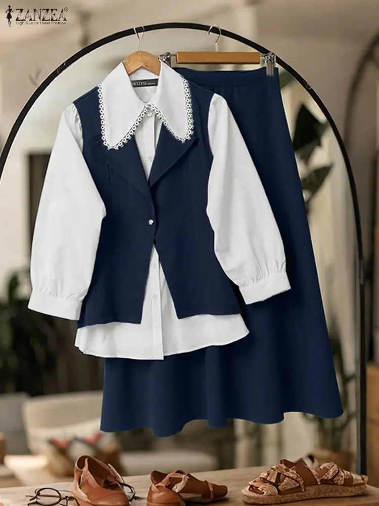 

ZANZEA Sets Women Long Sleeve Shirts Maxi Skirts Elegant OL Work Outfits 2025 Autumn Casual Loose Dress Suits Matching Sets 2pcs