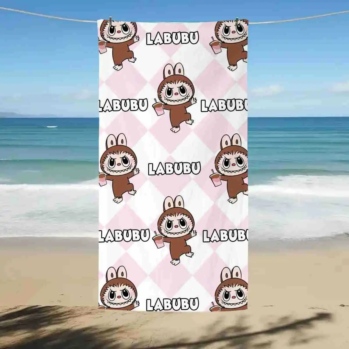 

MINISO Labubu Cartoon Beach Towel Water Absorbent Quick Dry Portable Single-sided Pattern Sewn Bathroom Towel Large Size