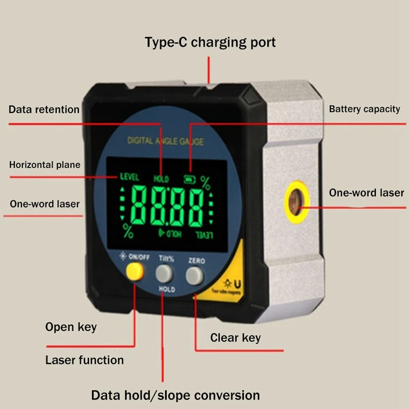 Digital Angle Finder-Gauge 4 Side Magnets Magnetic Level Protractor Inclinometer USB Rechargeable For Sawing Woodworking