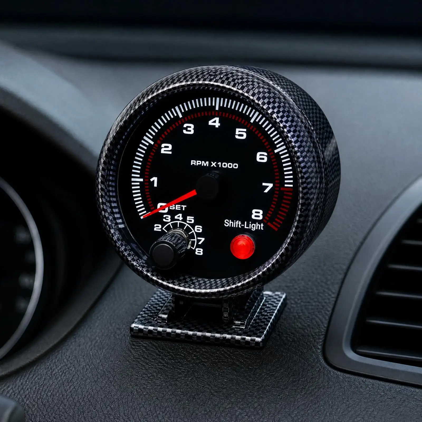 Electronic Automotive Tachometer 12V Tachometer with Gear-Change-Light Indicator Carbon-Fiber Pattern Electronic RPM Gauge