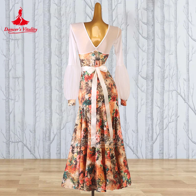 Social Dance Lantern Sleeves Printing Big Swing Dress Dancer's Vitality Women Adult Waltz Foxtrot Art Examination Clothes Custom