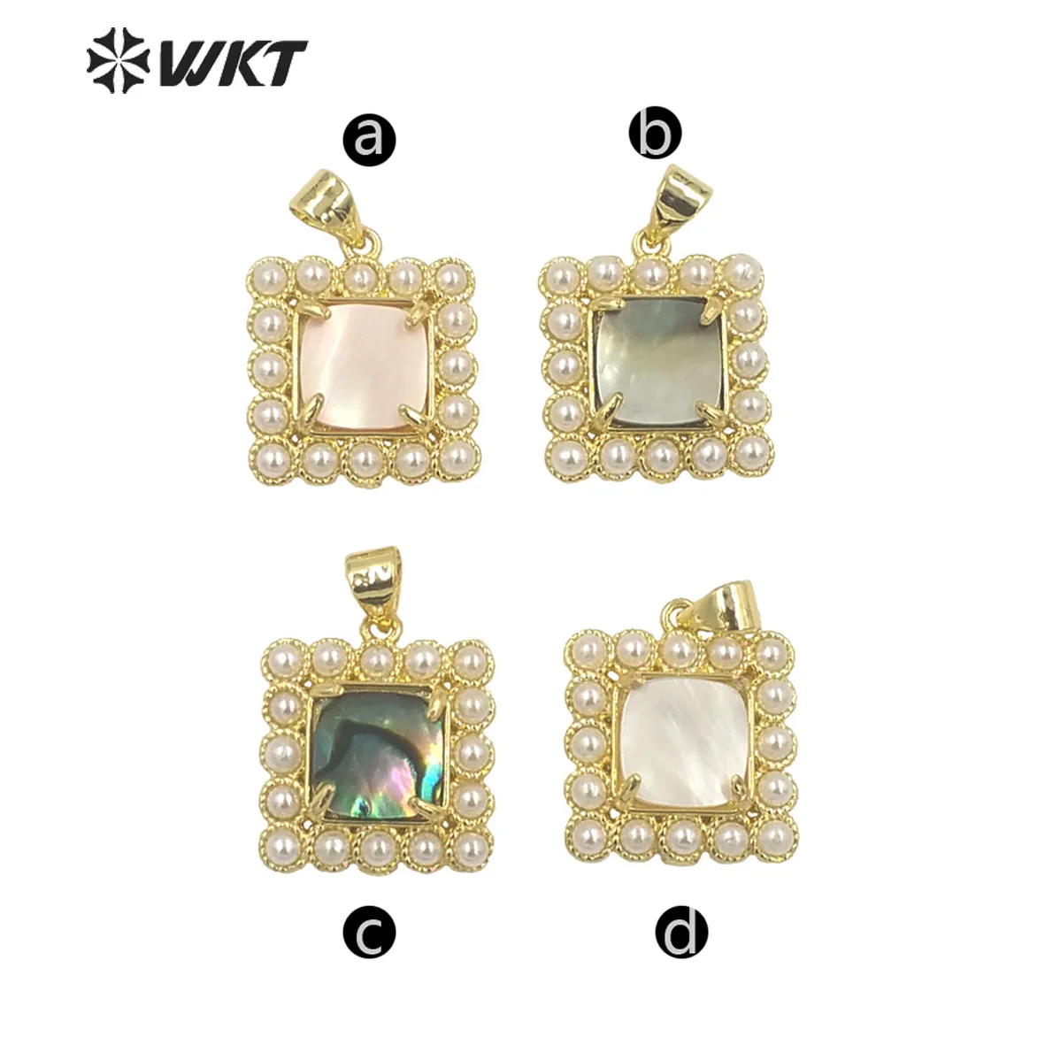 WT-JP356 Hot Sale Square Shape Natural Shell And Pearl Paved 18k Gold Plated For Necklace Pendant Fine Decoration