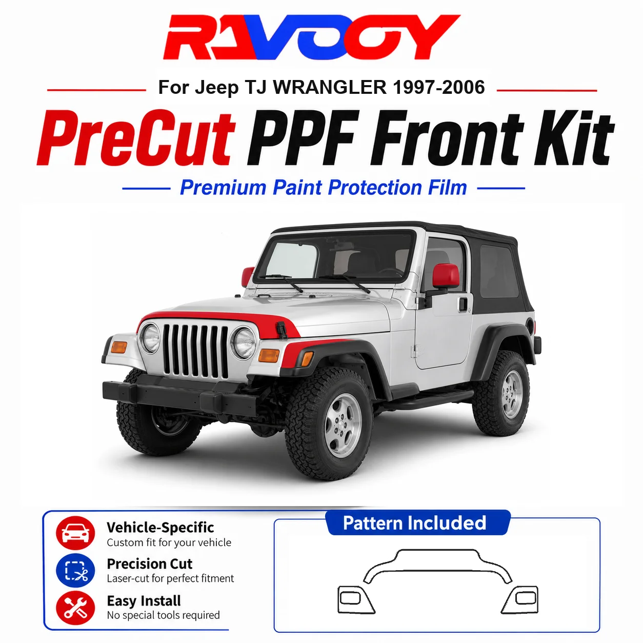 

8.5mil TPU Precut PPF Kit For Jeep TJ WRANGLER 1997-2006 - Hood, Fenders & Mirror Set - Self-Healing Clear Bra Film