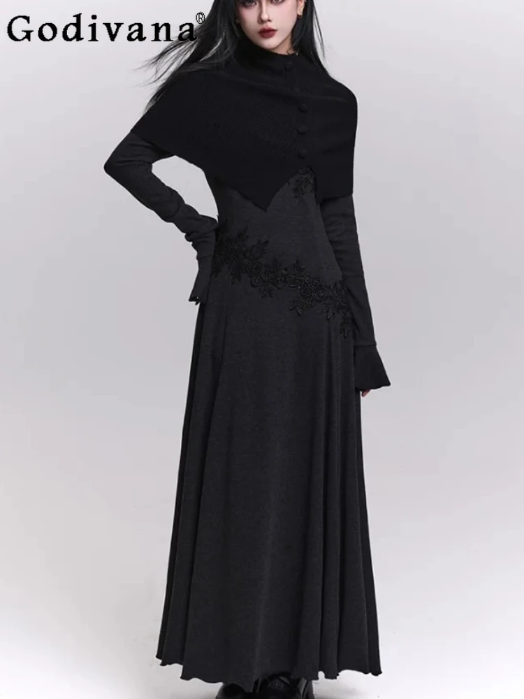 

Autumn Winter Dark Gray Off-the-shoulder Long-sleeved Knitted Dress Fashion High Waist Versatile Slim Velvet Personality Dresses