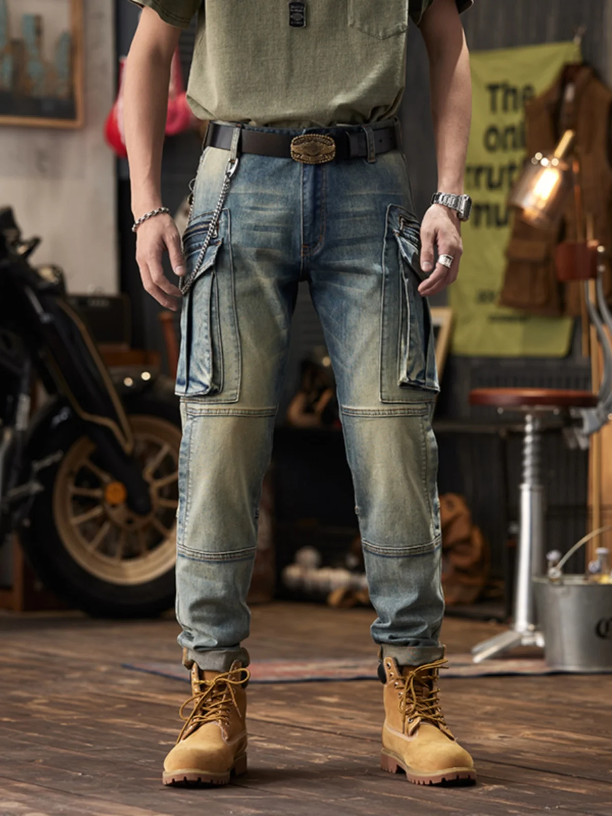 

Retro American Motorcycle Workwear Jeans Men's Elastic Trendy Loose Straight Leg Big ket Casual Long Trousers