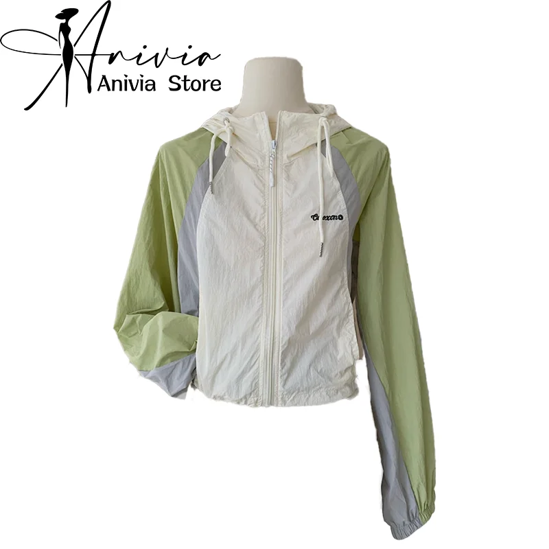 

Women's Green Patchwork Hiking Jacket Outdoor Sports Windbreaker Hoodies Coat Y2k Vintage Long Sleeve Loose Outwear Clothes 2024