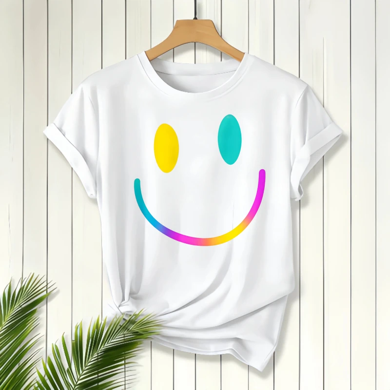 

Colorful Smile Face Print, Casual Short Sleeve T-Shirt, Women's T-Shirt, Summer Outing Wear