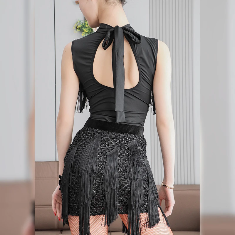 فستان رقص لاتيني نسائي أسود بدون أكمام ملابس أداء السالسا تشا تشا سامبا ملابس ممارسة الكبار ملابس الرقص اللاتينية 3609