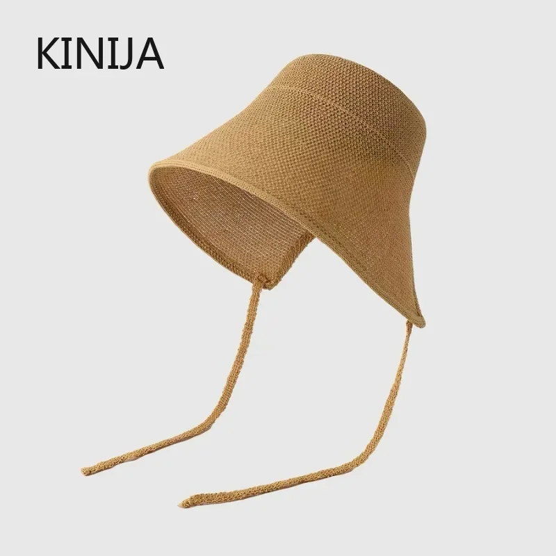 Leinen-Strohhüte im Regency-Stil für Damen, Sonnenhut mit Schleife, Strandhut mit breiter Krempe, Cloche-Hut, Chapeau Femme, Schnürung, Outdoor, Radfahren