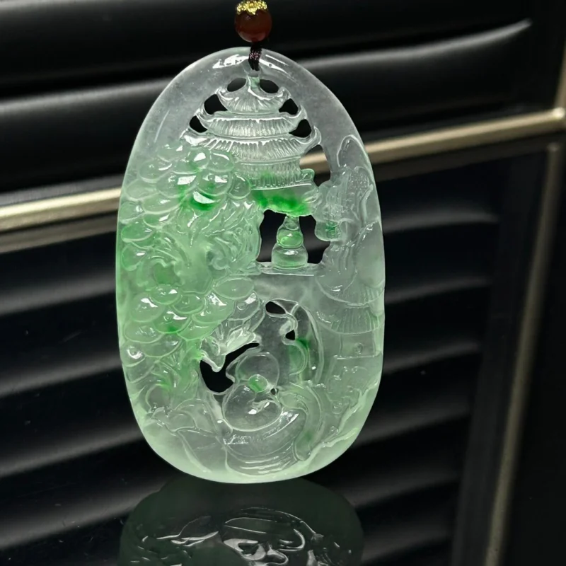 Certified Natural Ice Hollowing out Green jade Jadeite Pendant&NecklacesDouble-Sided Hollow Landscape