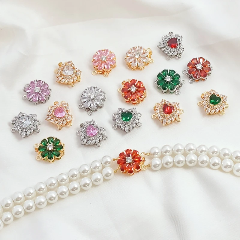 

1 Piece 14K Copper Clad Gold Inlaid with Zircon Flower Peach Heart Connecting Buckle, Manual DIY Double Row Single Row Buckle