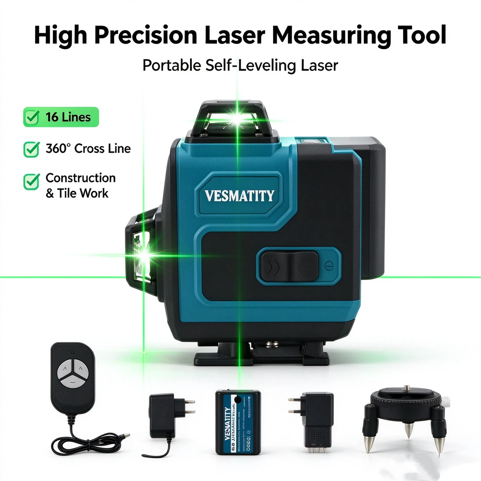 Green Beam Laser Level 16 Lines, Self-Leveling 360° Cross Line Laser Measuring Instrument for Building Renovation Ceiling & Tile