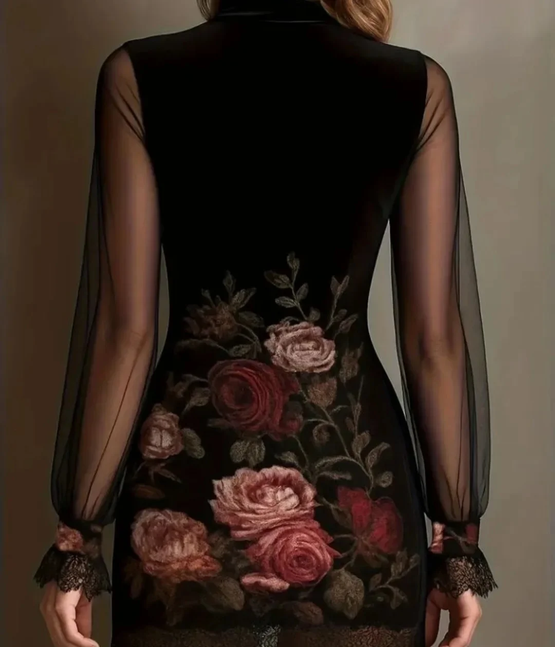 Hot Sale Vintage Romantic Sexy High Neck Long Sheer Sleeve Bodycon Velvet Lace Embroidery Floral Mini Cocktail Evening Dress