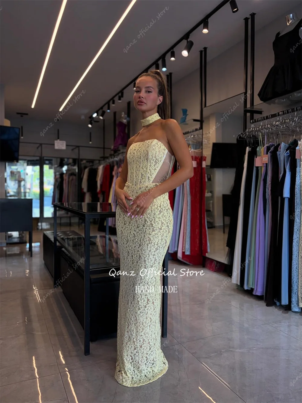 Qanz Yellow Full Lace Evening Dresses Women Elegant Mermaid Wedding Guest Dresses Classy High Slit Vestidos De Fiesta Customized