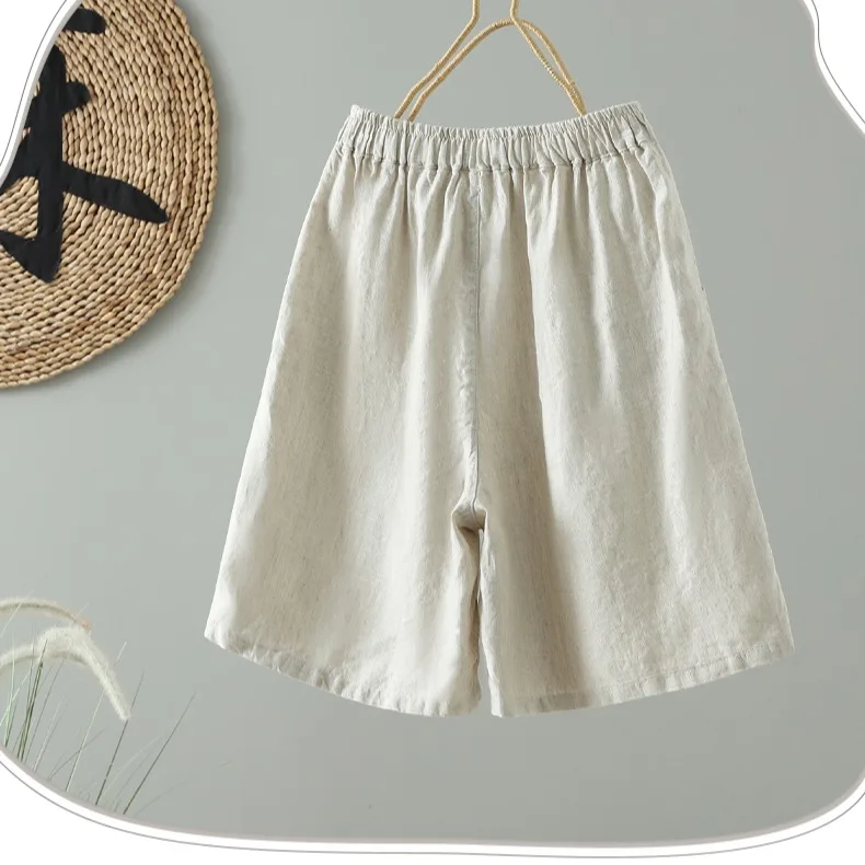 Décontracté lin femmes orts été nouveau taille élastique ample jambe droite pantalon mince modèle quatrième taille élastique taille haute
