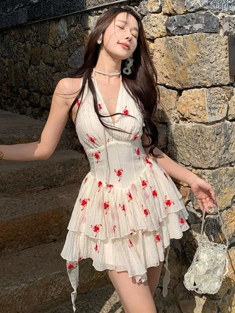 

Beige Print Sexy Club Summer High Waist Sleeveless Halter V-neck Short Dress Women Slim Backless Pleated Mini Sundress Vestidos