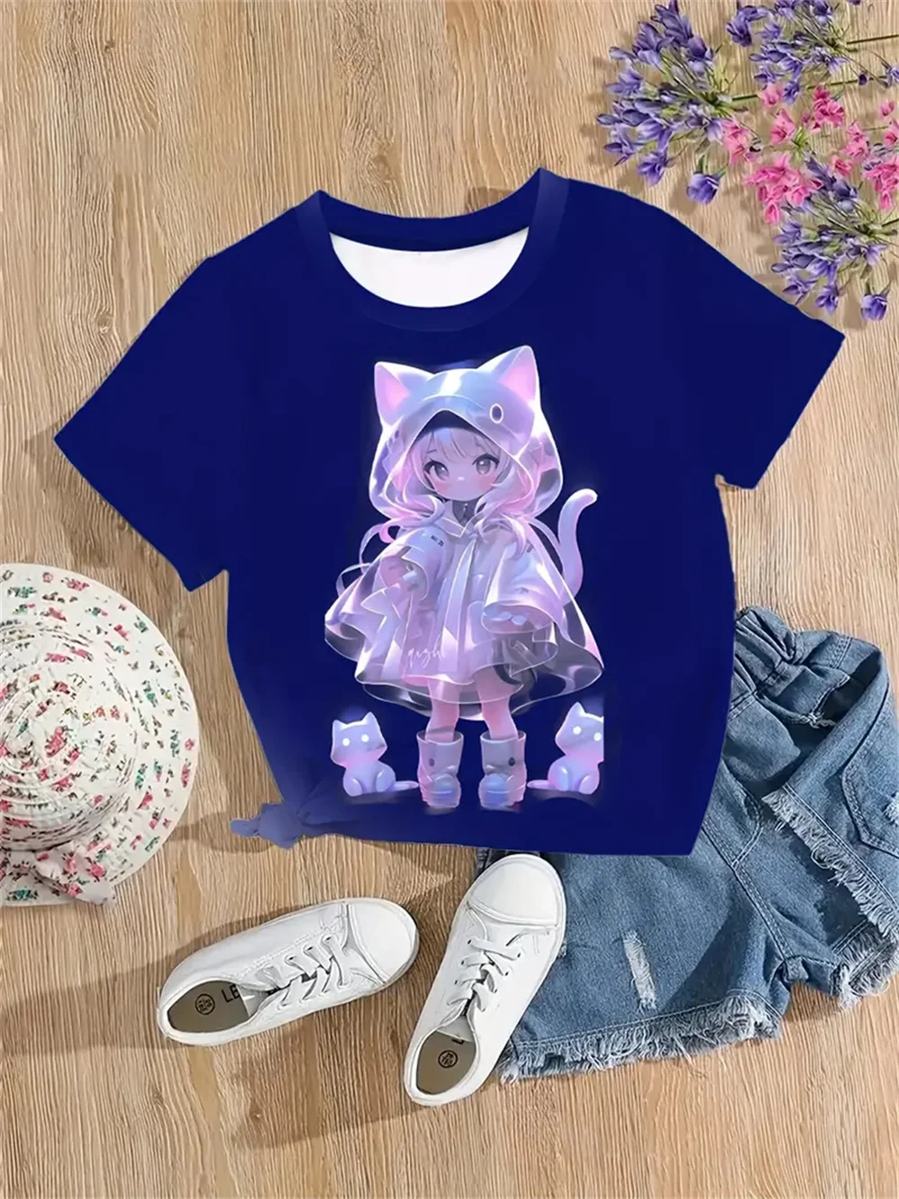 Camiseta infantil de manga curta estampada em 3D, tops casuais das meninas, roupas infantis, moda verão