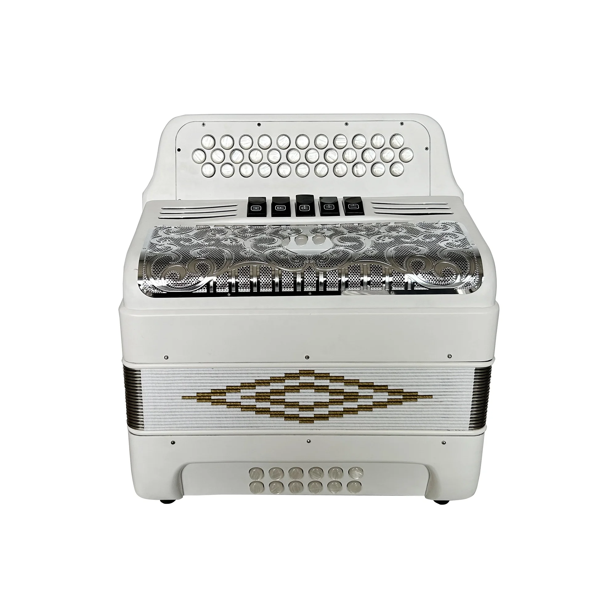 Professional 34-Button 12-Bass 5-Registers Diatonic Accordion Instrument JB3412D Matt White Body With Silver Grill White Buttons