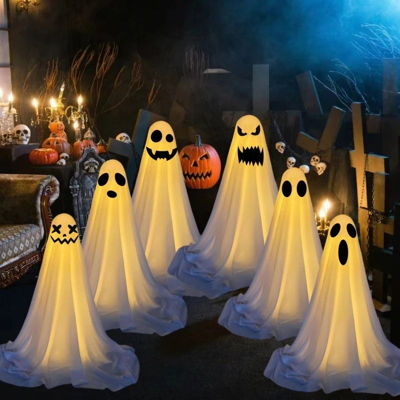 ฮาโลวีน Spooky Ghost ตกแต่งด้วย String ไฟ LED GLOW Ghost ด้านหน้าระเบียง Patio น่ากลัวยืน Ghost Halloween Decor