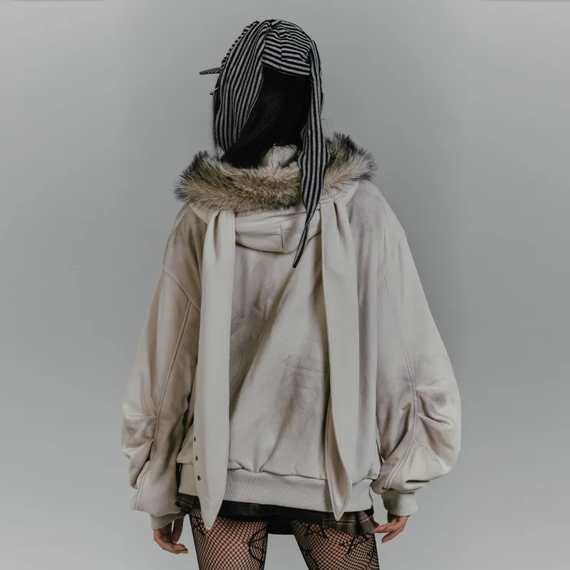 

Rabbit ear retro fur collar hoodie gray Y2K printed thick women's autumn and winter top trendy unique design pocket