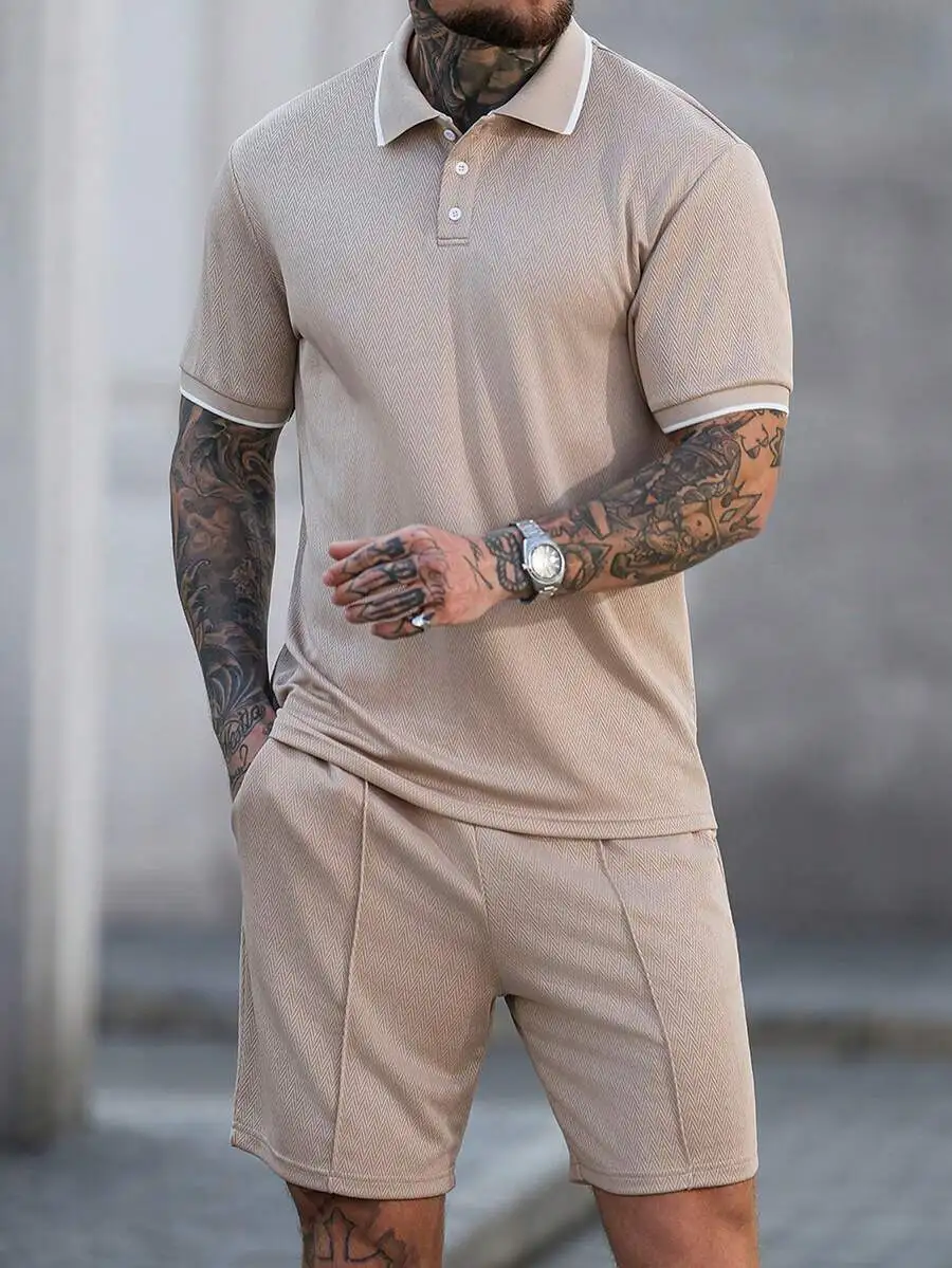 

Mens Jacquard Shirt And Shorts Two Piece Set Beige Casual Summer Outfit
