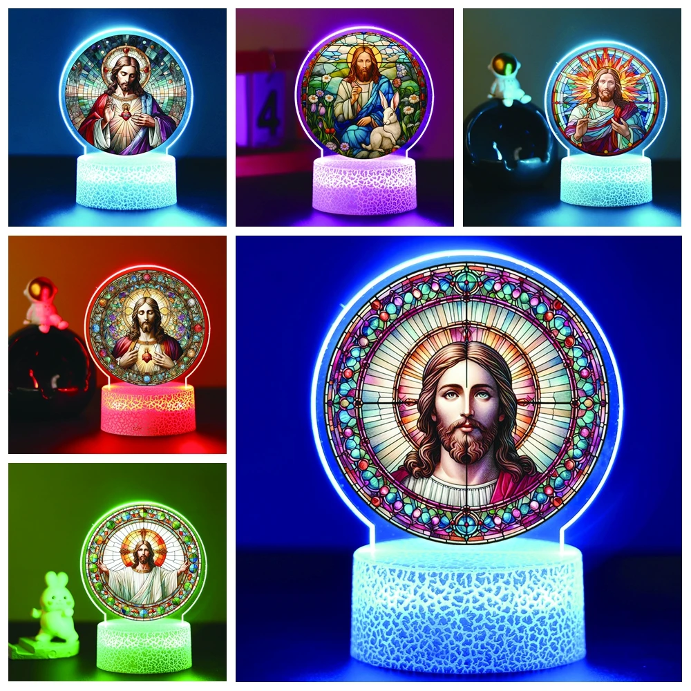 1pc Jesus Night Light 3D With Black Base For Bedroom Decor Led Color Changing