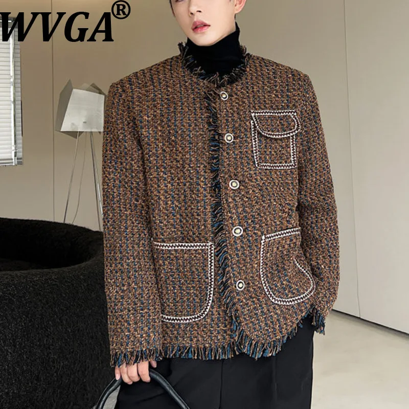 

WVGA Men's Korean Coarse Wool Tweed Cat Whiskers Style Stand Collar Blazer Niche Chic Casual Frayed Edge Trendy Coats Ins W18216