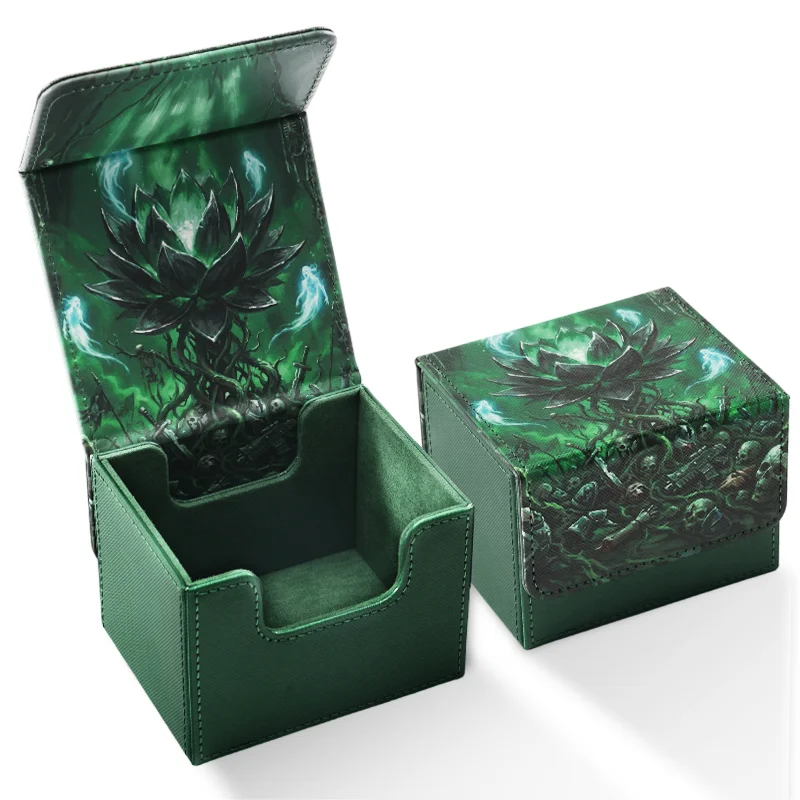 Card Deck Box for Lotus Pattern Print Cards with Display Window, Hold 100+ Double-Sleeved Cards, PU Leather, Fits CCG/TCG Cards