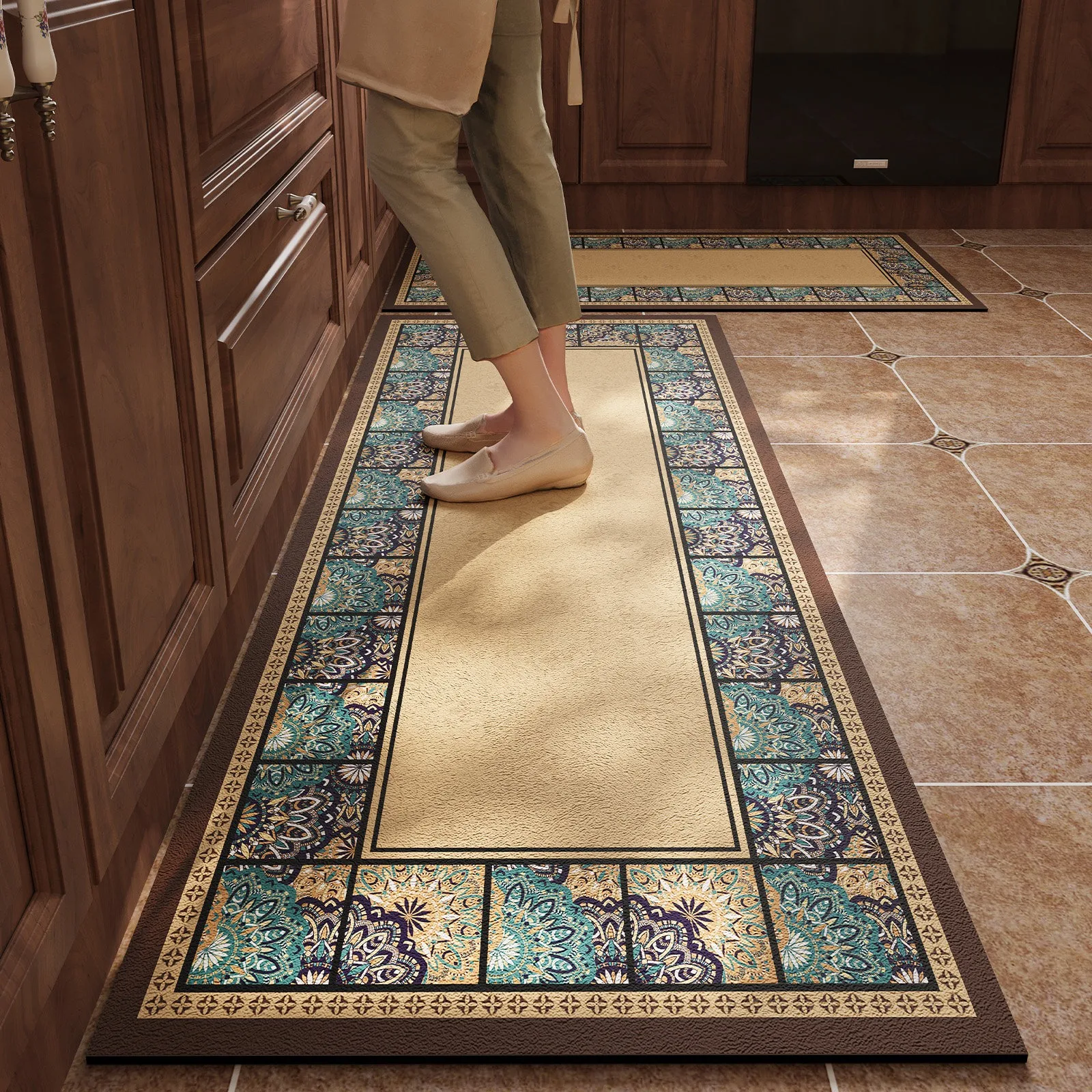Retro American Light Luxury Kitchen Floor Mats Long Strip Runner Rugs PVC Leather Washable Mat Home Decoration Tapis De Cuisine