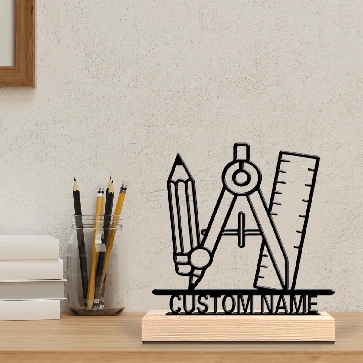 1pc ruler and compass Customized Text Metal Statue Iron Ornament Handicraft With Wood Base Iron Ornament Office Desk