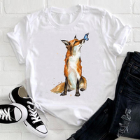 Women Short Sleeve Korean Style Fox Printing Clothing Trend Animal Pretty Ladies Graphic Print Tee Top Tshirt Nice T-shirt
