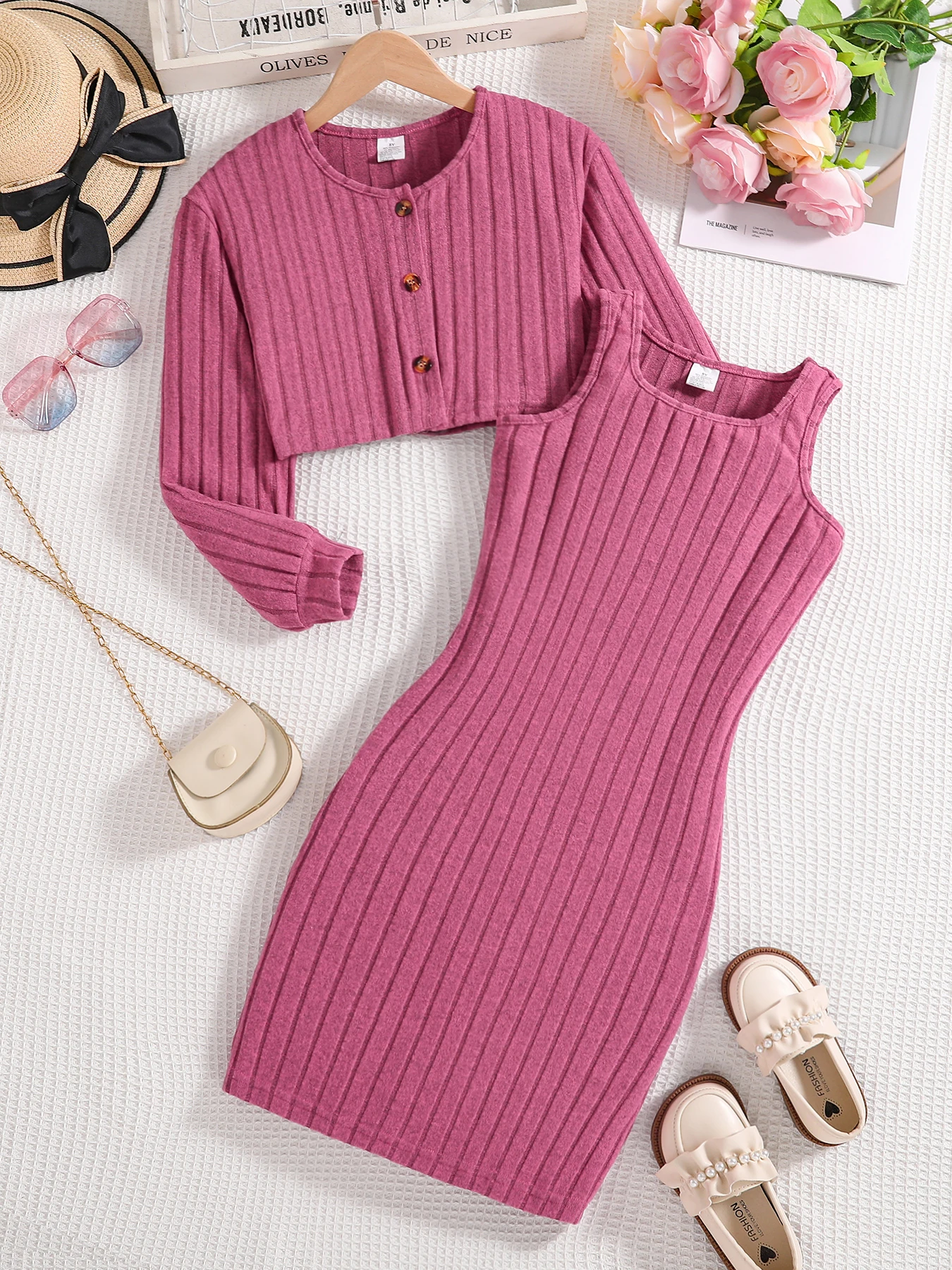 Spring and autumn new fashion knitted solid color pit strip round neck long sleeve shirt sleeveless casual dress 2-piece set