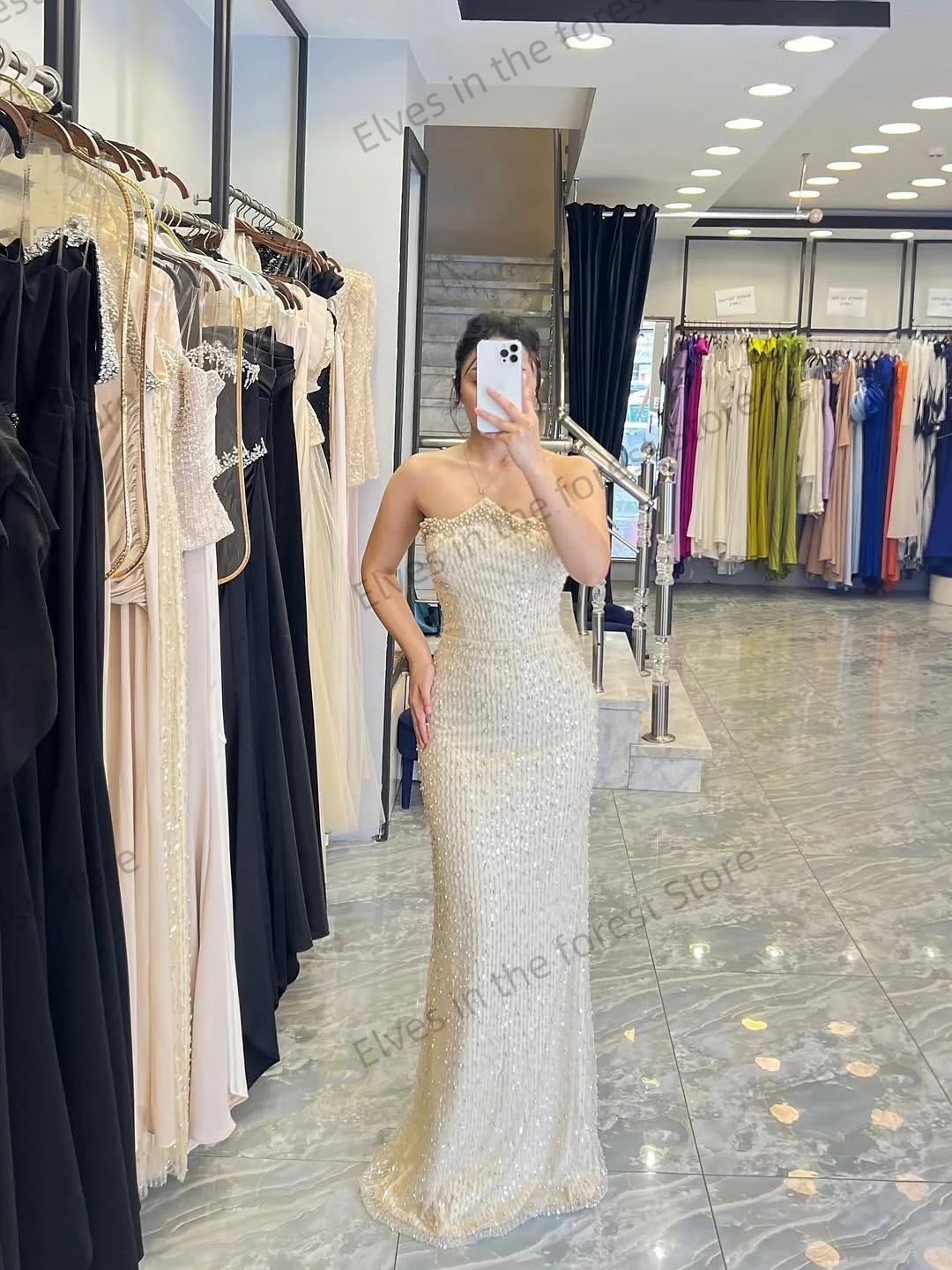 فساتين سهرة حورية البحر الفاخرة بلون الشمبانيا مطرزة بدون أكمام فساتين حفلات نسائية مخصصة بطول الأرض لؤلؤ لامع ملابس الحفلات